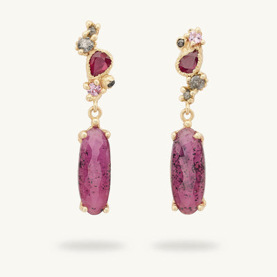 Ruth Tomlinson one of a kind statement drop earrings with rubies, pink sapphires and diamonds made from recycled gold