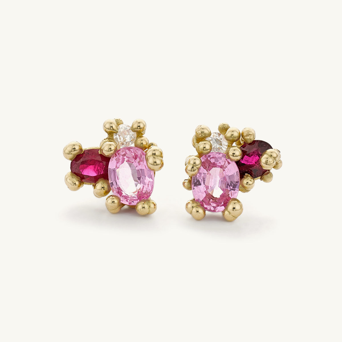 Ruth Tomlinson Pink Sapphire, Ruby and Diamond Cluster Studs