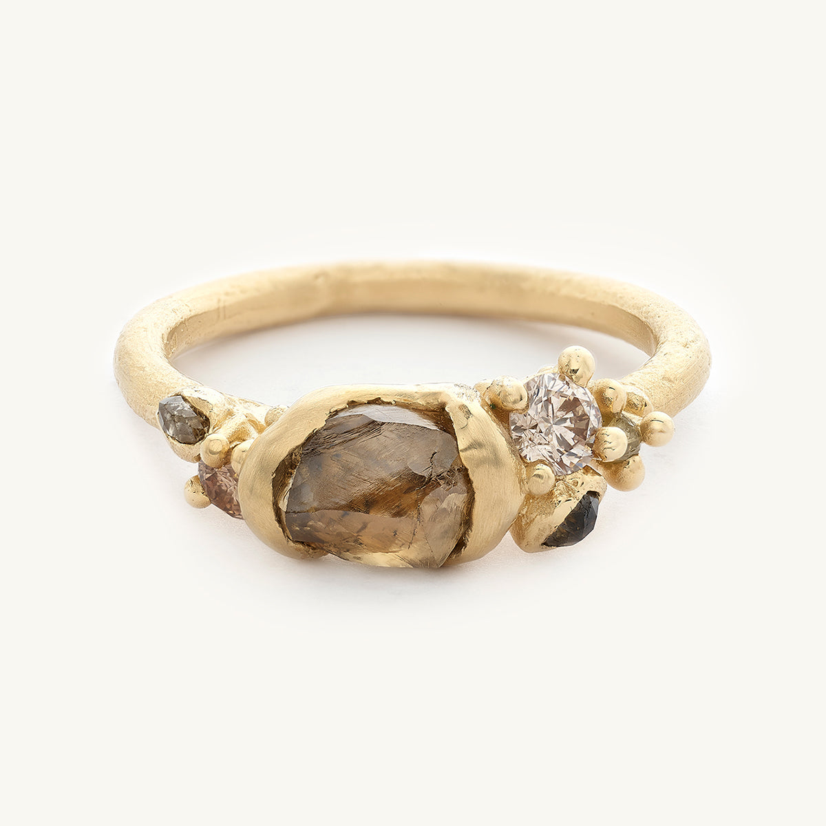 Alternative Engagement Ring by Ruth Tomlinson with a Raw Champagne Diamond, Handmade in Recycled Gold and Responsibly Sourced Gemstone