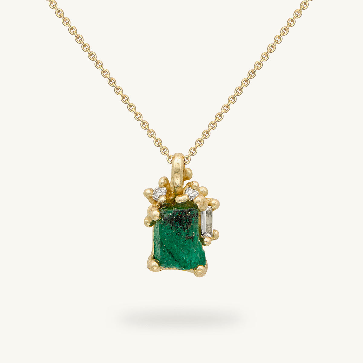 Ruth Tomlinson Raw Emerald and Diamond Pendant made from Recycled Gold