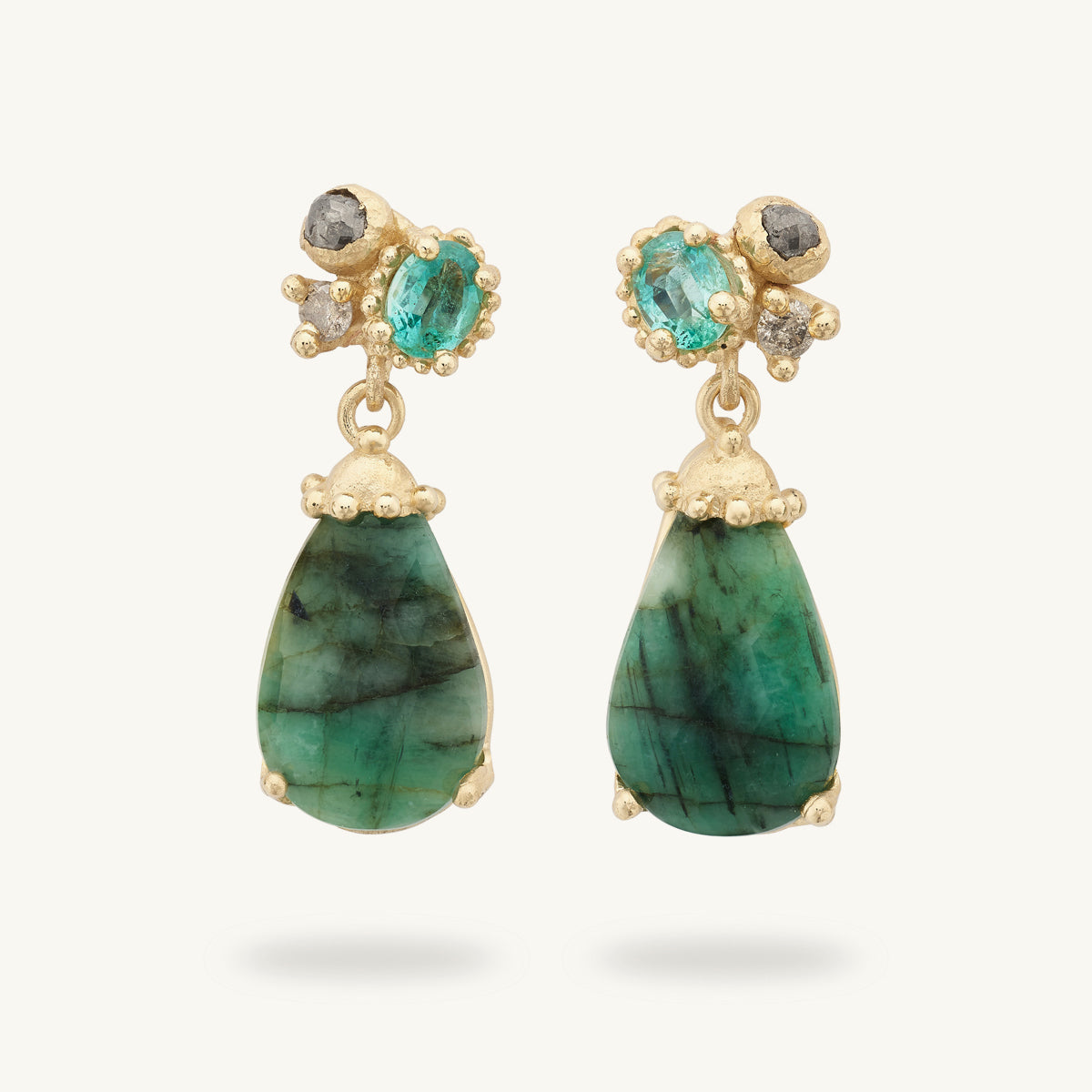 Ruth Tomlinson one of a kind emerald and grey diamond drop earrings made from recycled gold 