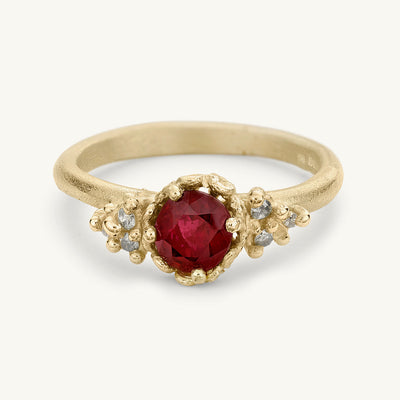 Ruth Tomlinson Gemfields Ruby and Grey Diamond Alternative Engagement Ring made from recycled gold