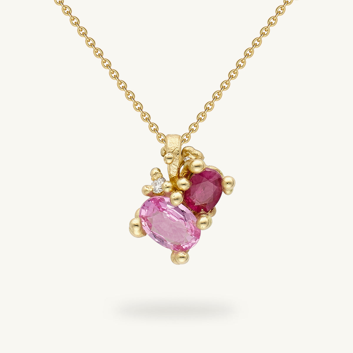 Ruth Tomlinson Ruby and Pink Sapphire Pendant made from Recycled Gold