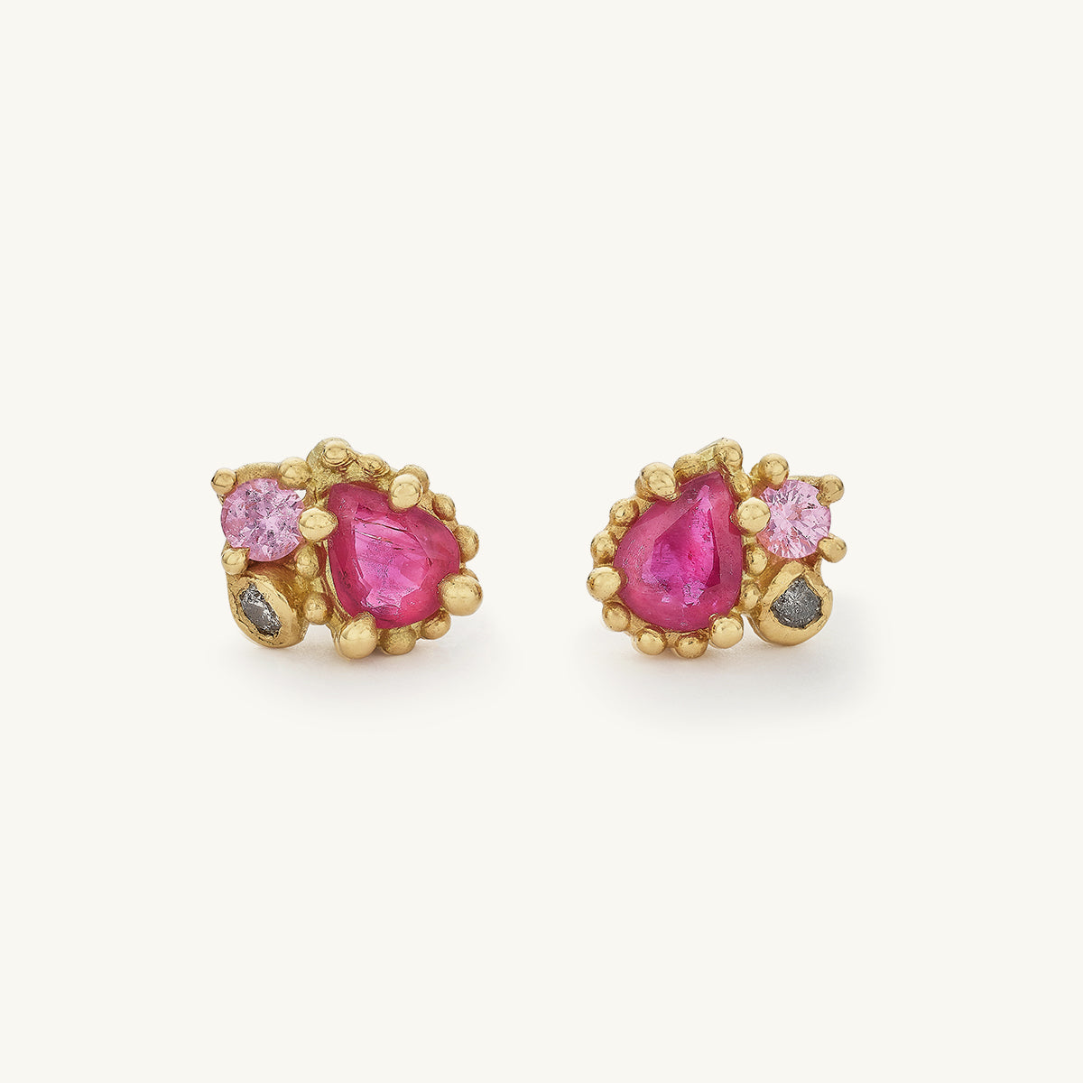 Ruth Tomlinson Decorative Ruby and Sapphire Cluster Studs made with recycled gold