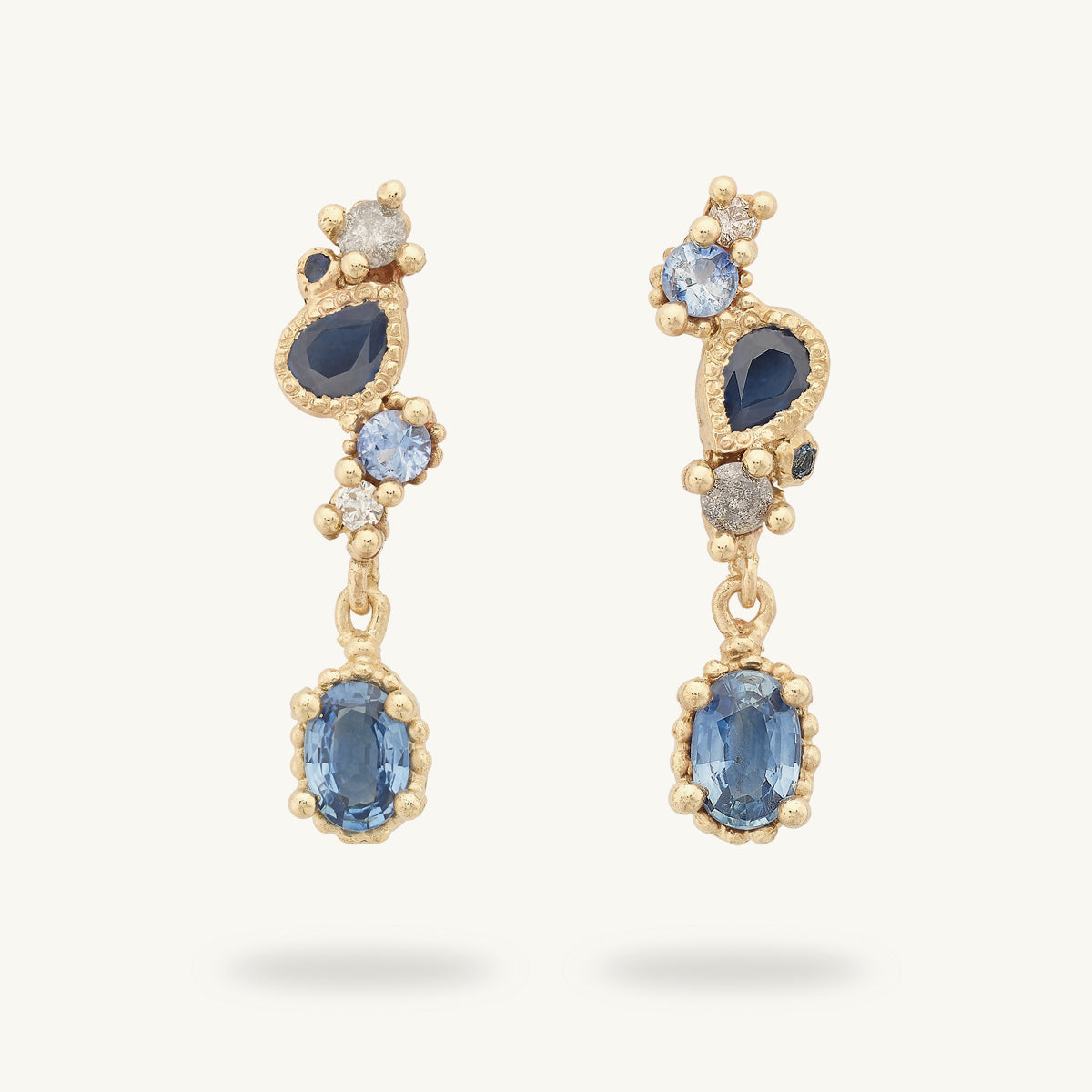 Ruth Tomlinson Asymmetric Sapphire and Diamond Drop Earrings made from recycled gold