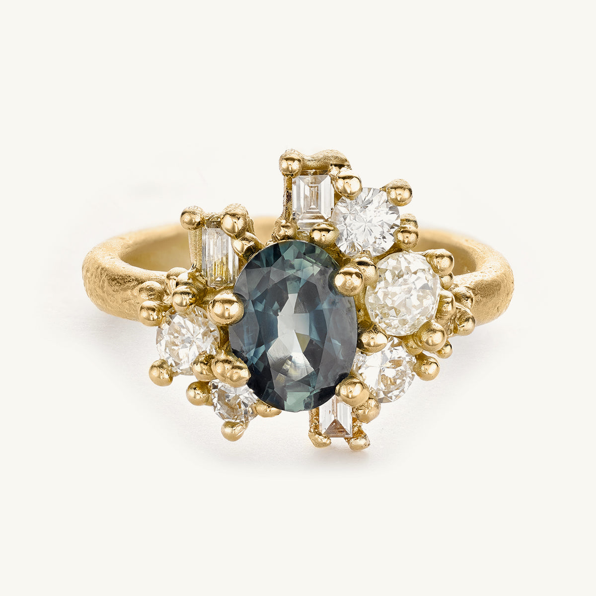 Ruth Tomlinson Teal Sapphire and Diamond Sweeping Cluster Ring-1