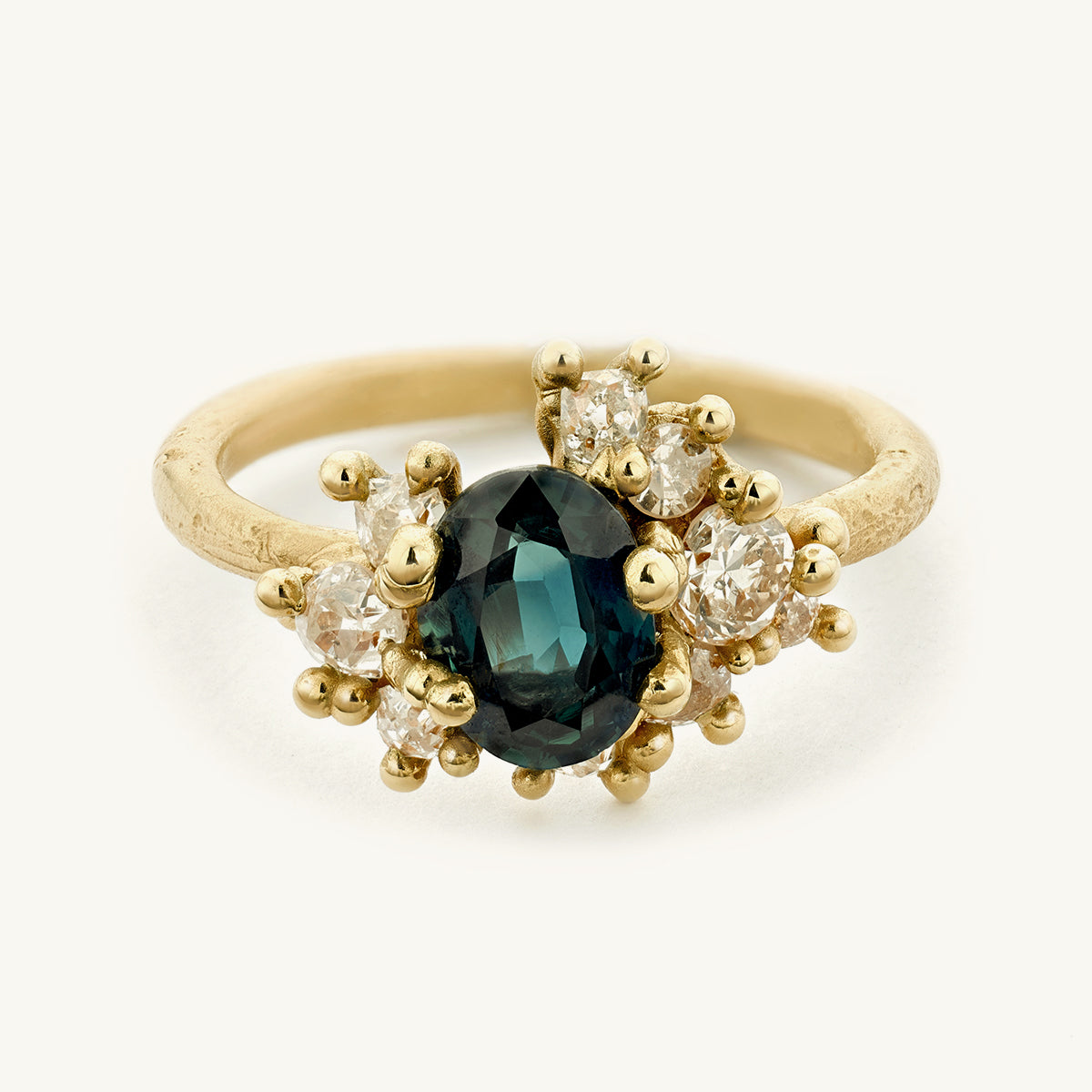 Ruth Tomlinson Teal Sapphire and Diamond Sweeping Cluster Ring