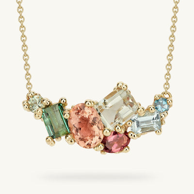 Ruth Tomlinson Tourmaline and Aquamarine Cluster Necklace made from recycled gold