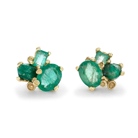 Mixed Cut Emerald Cluster Studs with Barnacles