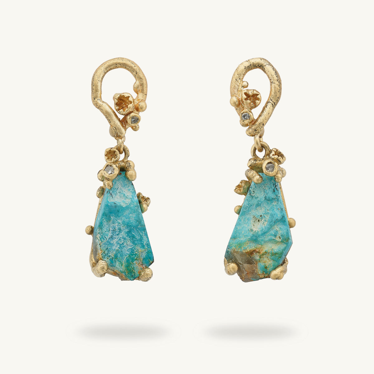 Raw Cornish Turquoise and Diamond Encrusted Drop Earrings