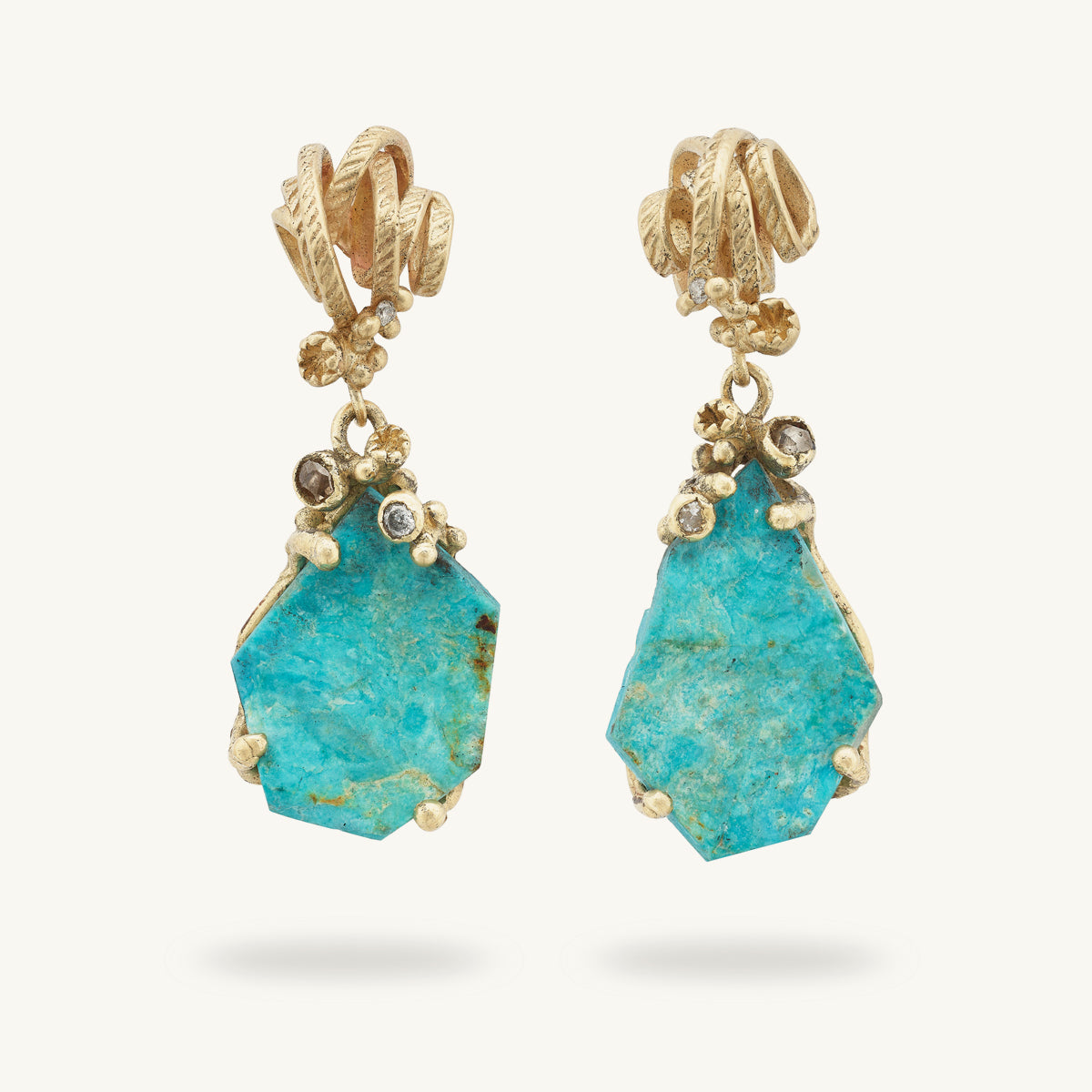 Raw Cornish Turquoise and Grey Diamond Drop Earrings