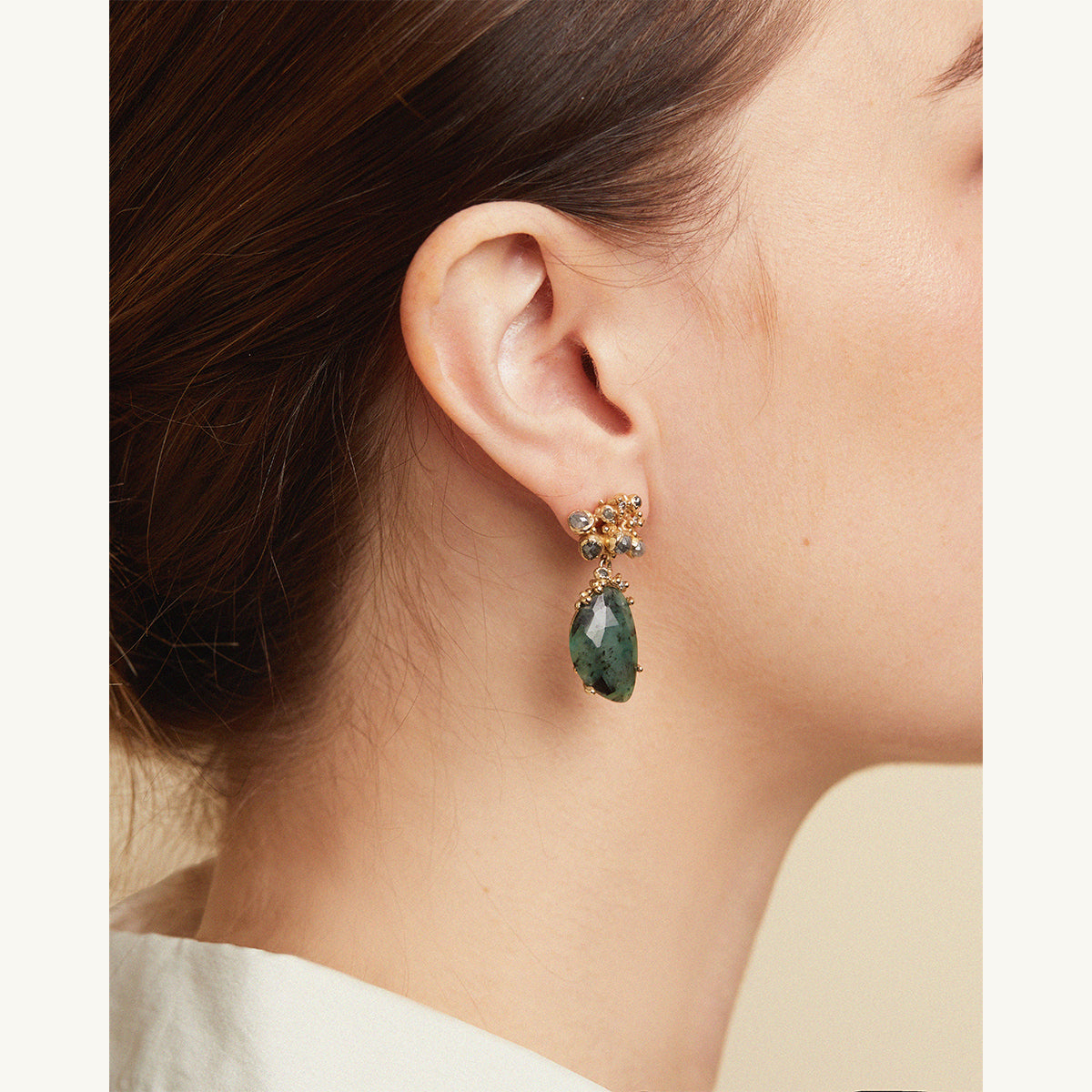 Emerald and Grey Diamond Encrusted Drop Earrings