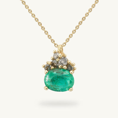 Oval Emerald and Grey Diamond Cluster Pendant