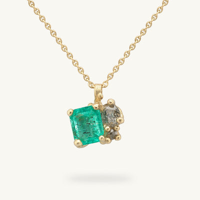 Emerald Cut Emerald and Grey Diamond Cluster Pendant
