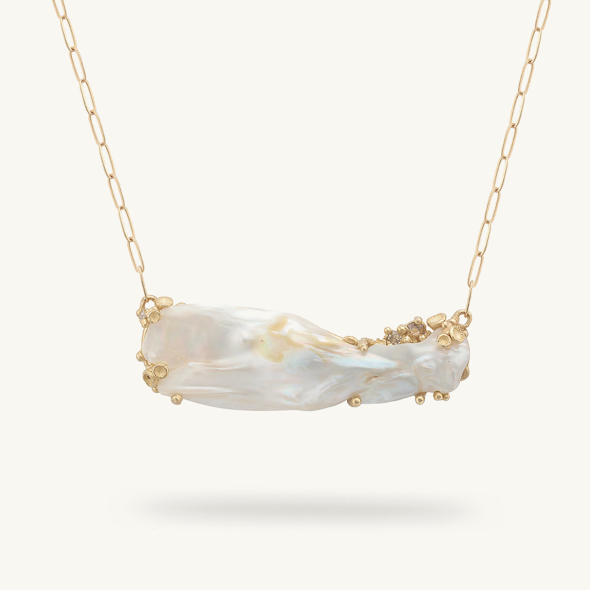 Baroque Pearl Bar Necklace Encrusted with Diamonds and Barnacles