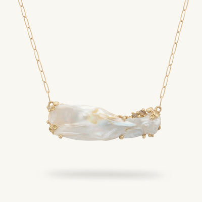 Baroque Pearl Bar Necklace Encrusted with Diamonds and Barnacles