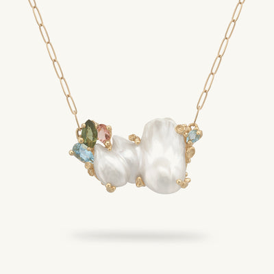 Baroque Pearl Bar Necklace Encrusted with Aquamarines and Tourmalines