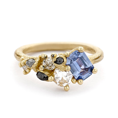 Blue sapphire tumbling cluster ring from Ruth Tomlinson, handmade in London