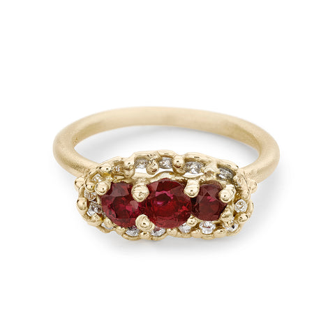 Gemfields Three Stone Ruby and Diamond Ring from Ruth Tomlinson, handmade in London