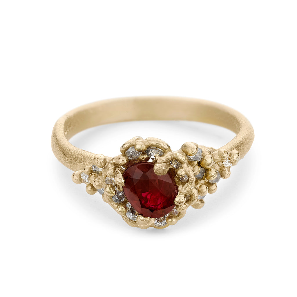 Gemfields Ruby and Diamond Ring with Filigree Detail from Ruth Tomlinson, handmade in London