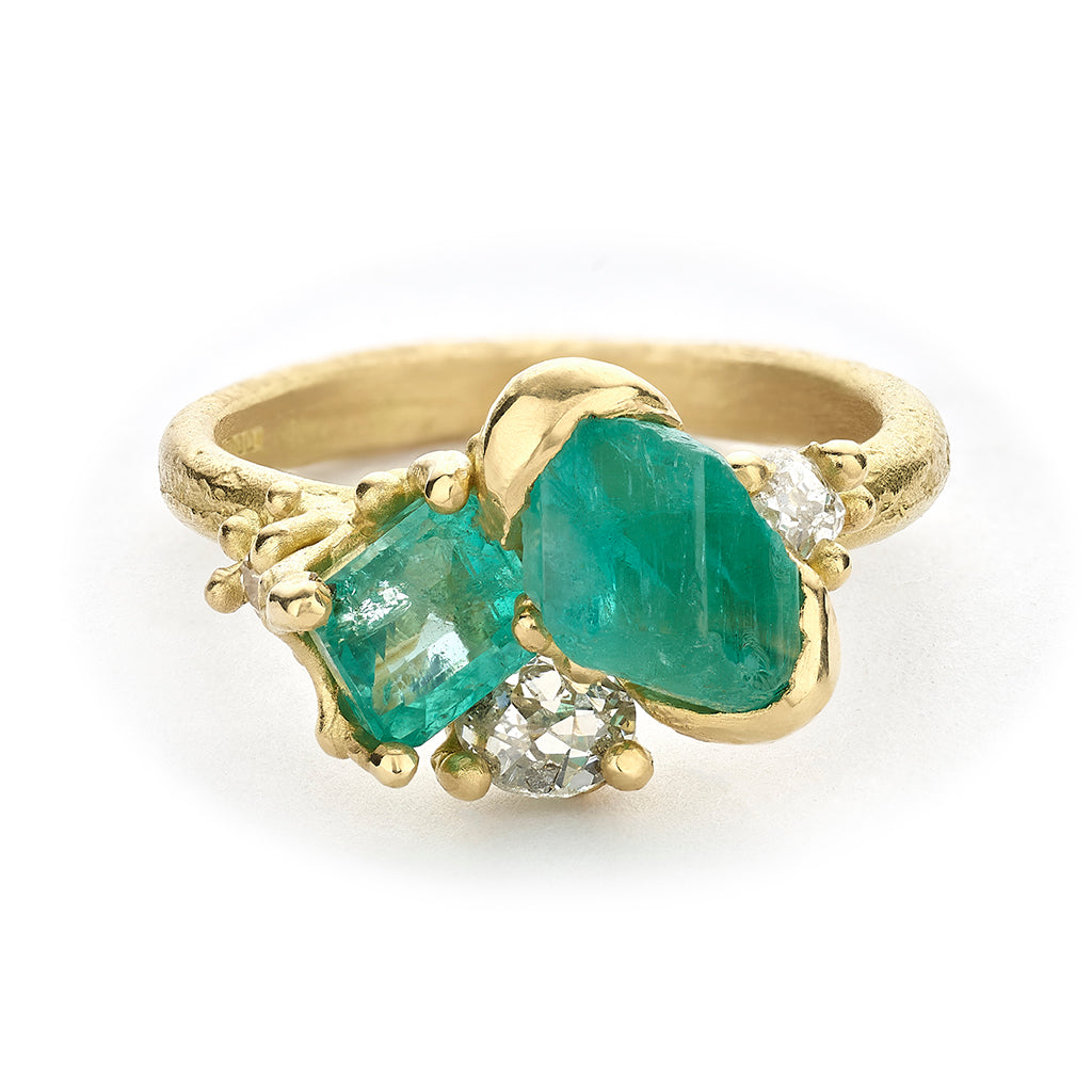 Raw Emerald and Diamond Cluster Ring by Ruth Tomlinson, handmade in London