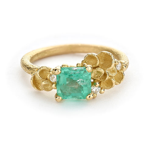 Encrusted Emerald Solitaire Ring with Diamonds and Barnacles by Ruth Tomlinson, handmade in London