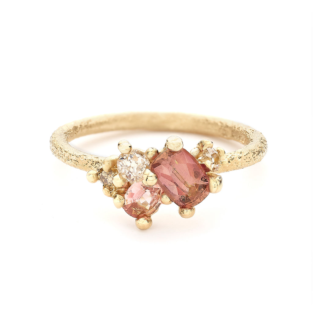 Peach Sapphire and Diamond Asymmetric Cluster Ring