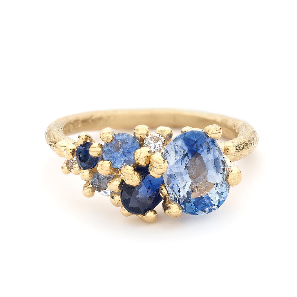 One-of-a-kind Asymmetric Engagement Ring with Blue Sapphires and Diamonds from Ruth Tomlinson, handmade in London