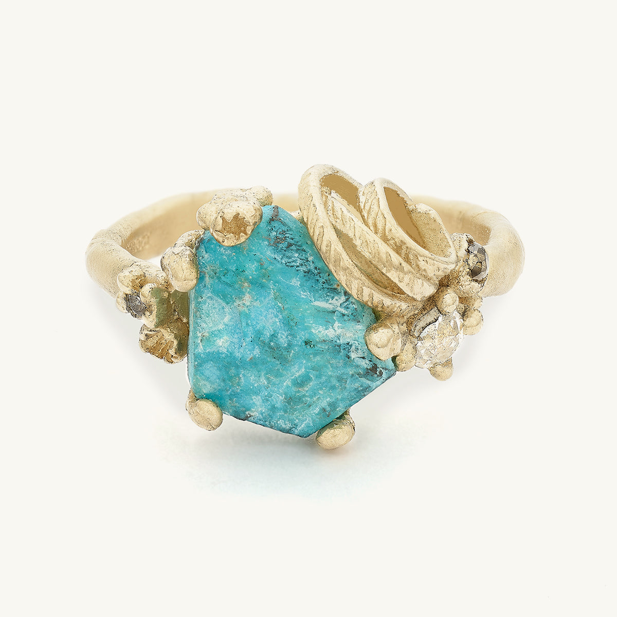 Raw Cornish Turquoise and Diamond Ring Encrusted with Barnacles
