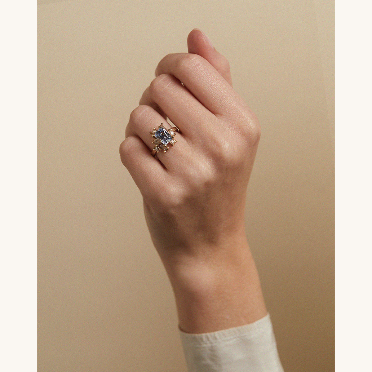 Periwinkle Blue Sapphire and Diamond Sweeping Cluster Ring