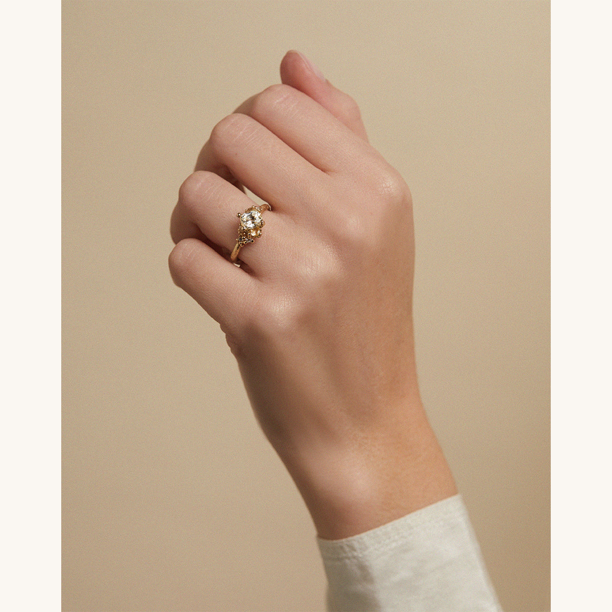 Yellow Sapphire and White Diamond Asymmetric Cluster Ring