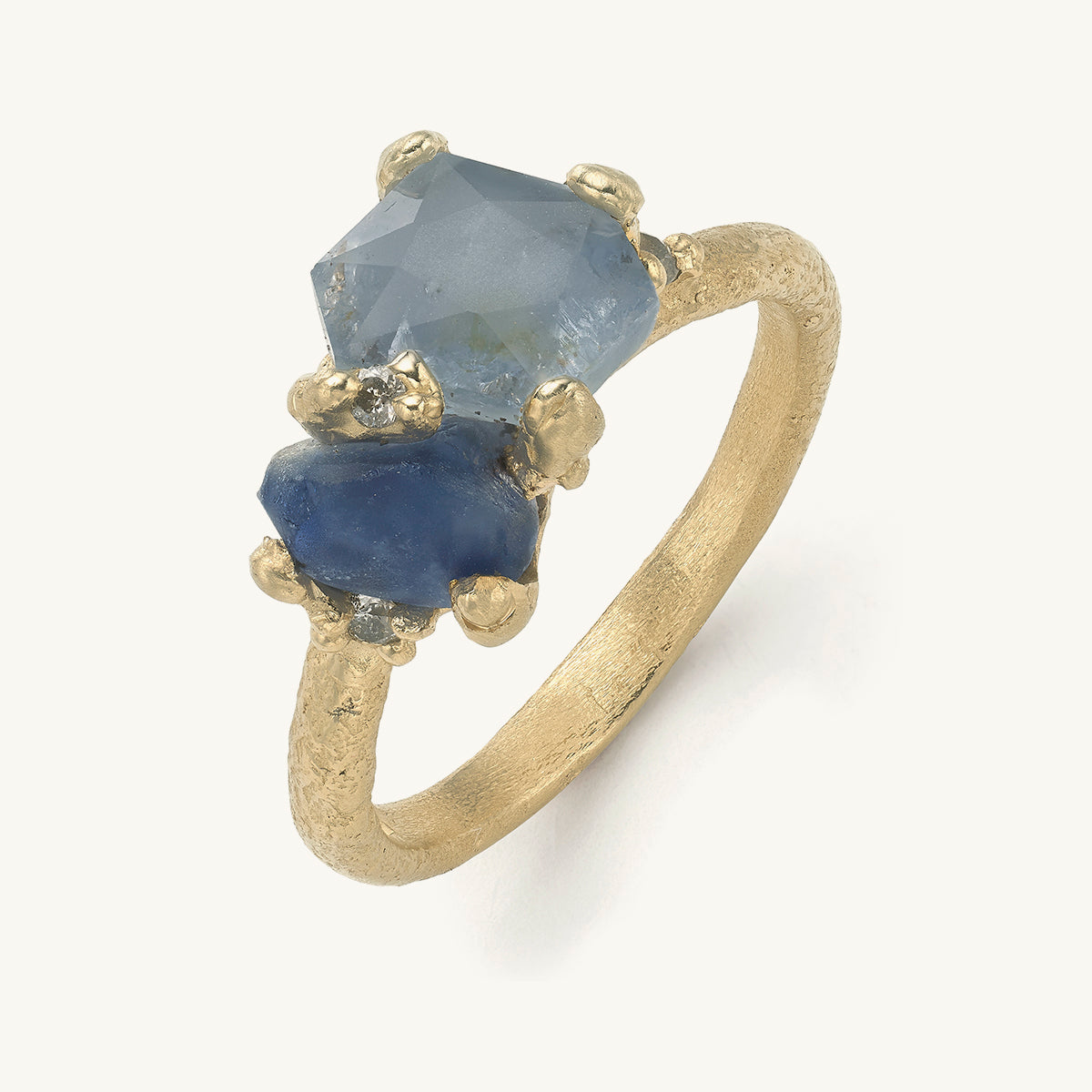 Asymmetric Raw Sapphire Ring with Grey Diamonds