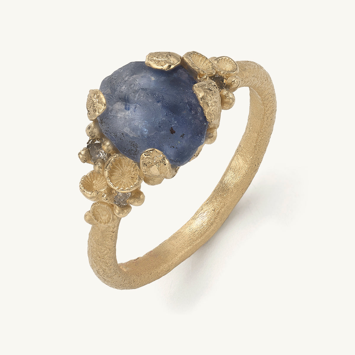 Raw Blue Sapphire and Grey Diamond Encrusted Ring