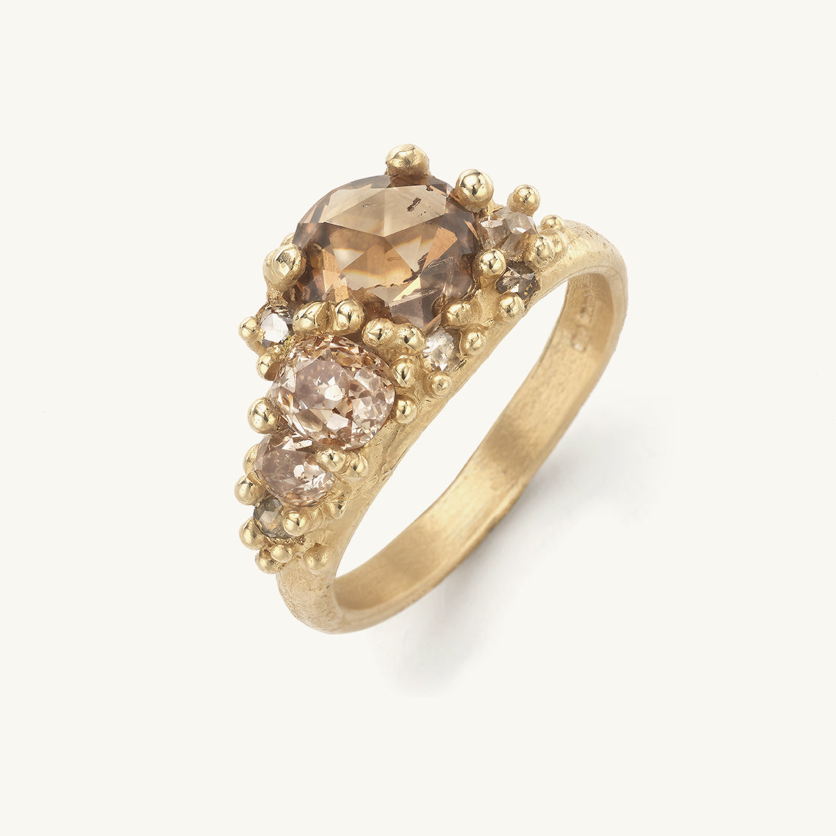 Asymmetric Rose Cut Champagne Diamond Ring with Granules