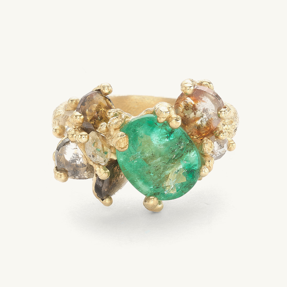 Emerald and Champagne Diamond Asymmetric Cluster Ring