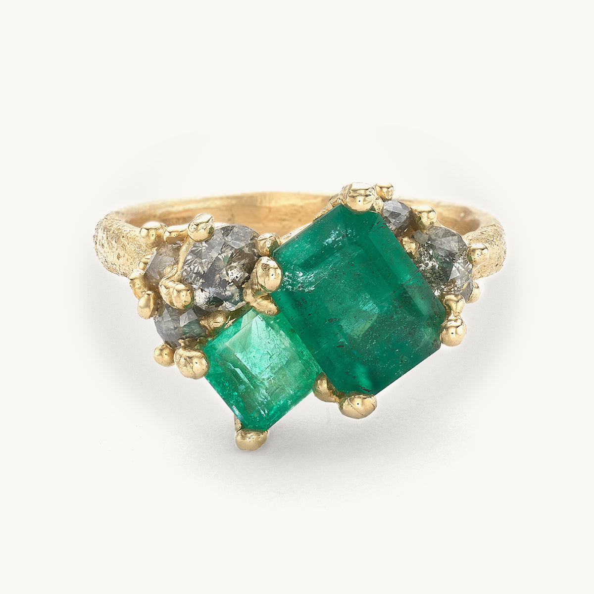 Emerald and Grey Diamond Asymmetric Cluster Ring