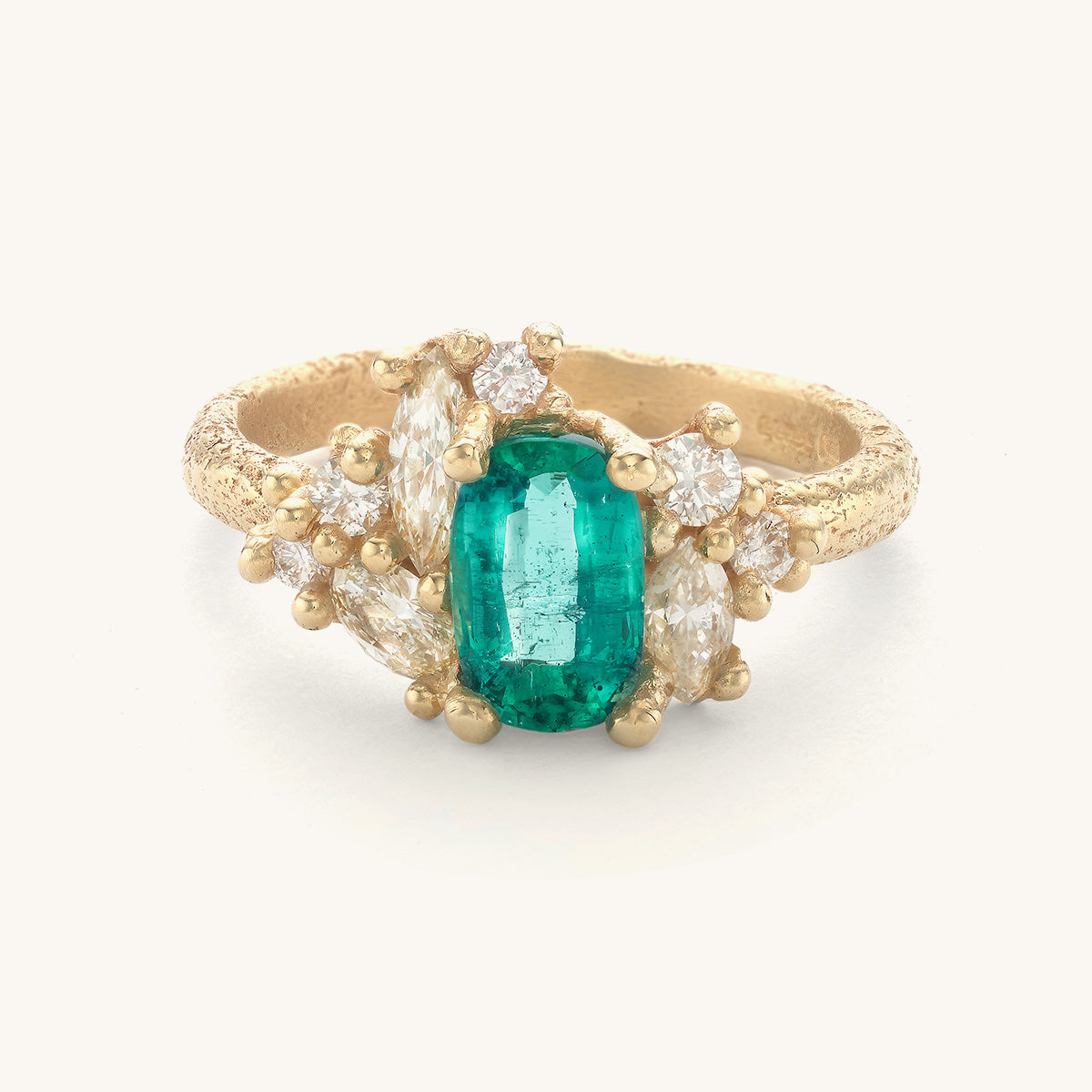 Emerald and Diamond Sweeping Cluster Ring