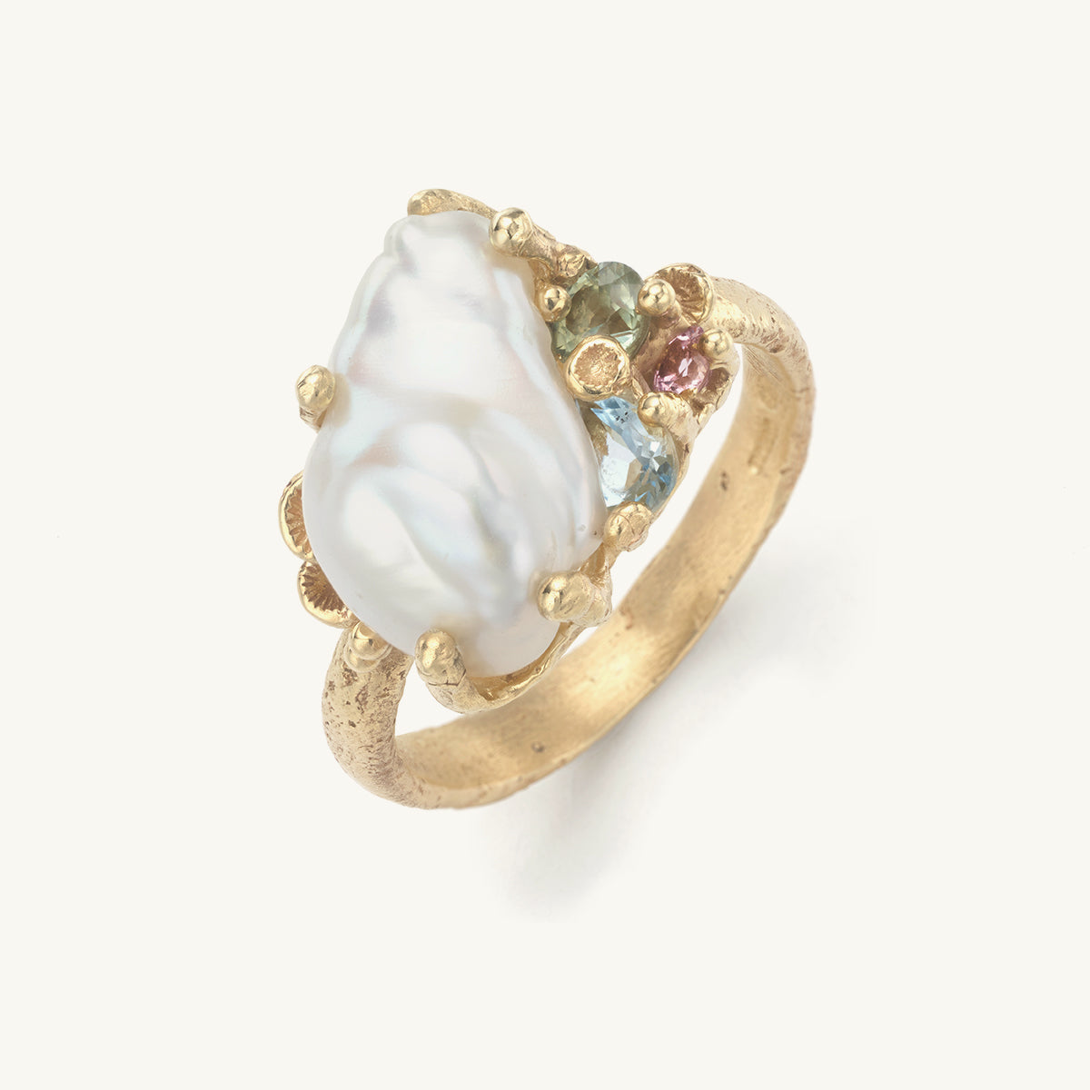 Baroque Pearl Ring Encrusted with Aquamarine and Sapphires