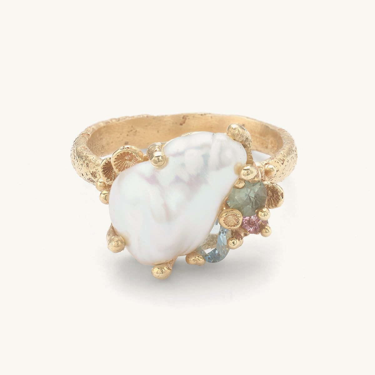 Baroque Pearl Ring Encrusted with Aquamarine and Sapphires