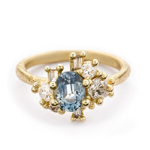Pale Teal Sapphire and Diamond Sweeping Cluster Ring from Ruth Tomlinson, handcrafted in London