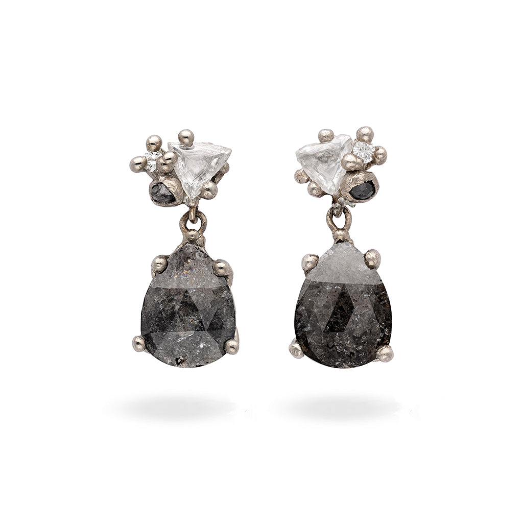 Grey Diamond Cluster Drop Earrings from Ruth Tomlinson, handmade in London