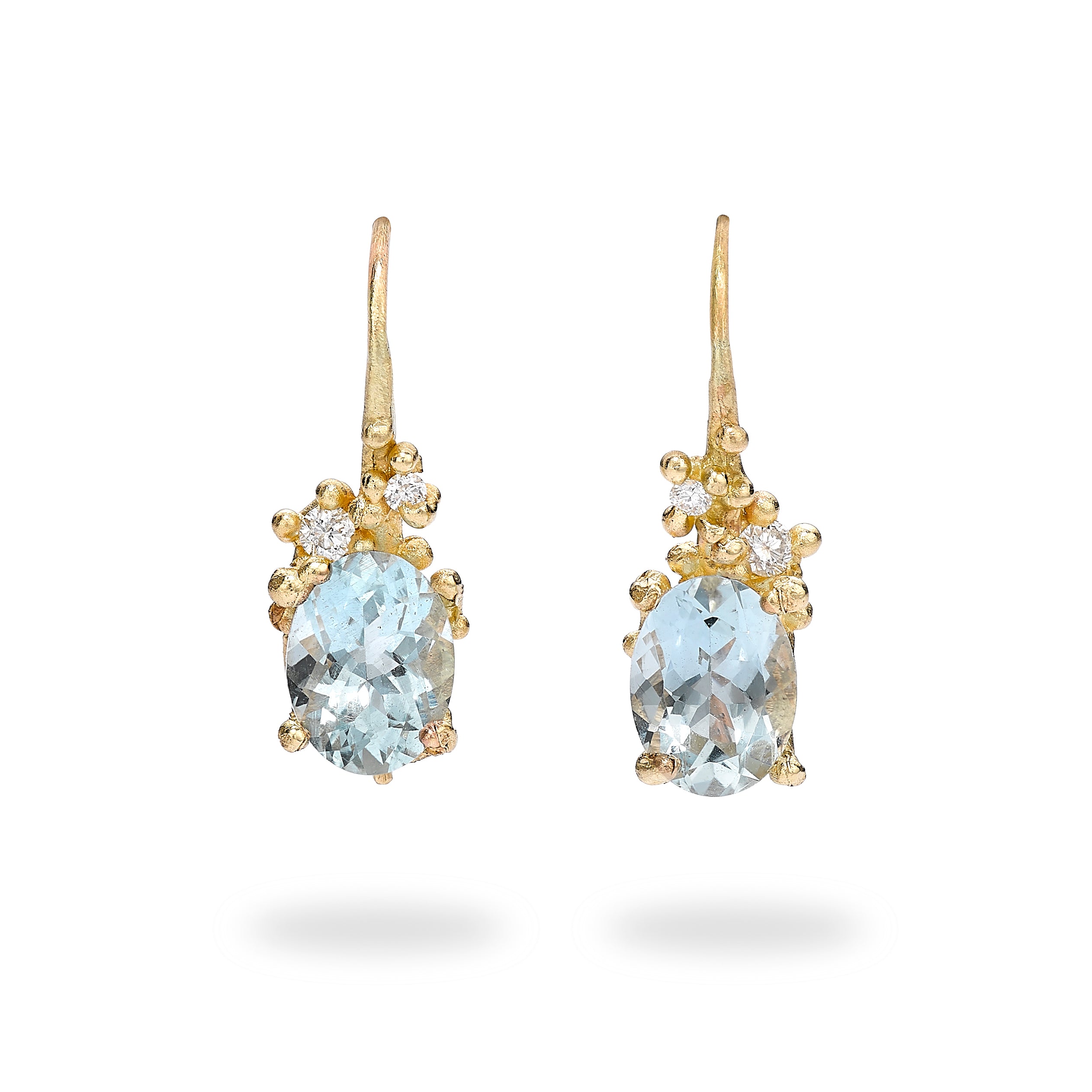 Oval Aquamarine and diamond drop earrings from Ruth Tomlinson, handmade in London