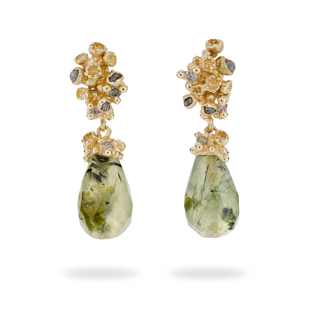 Prehnite Drop Earrings with Grey Diamonds and Barnacles from Ruth Tomlinson, handmade in London