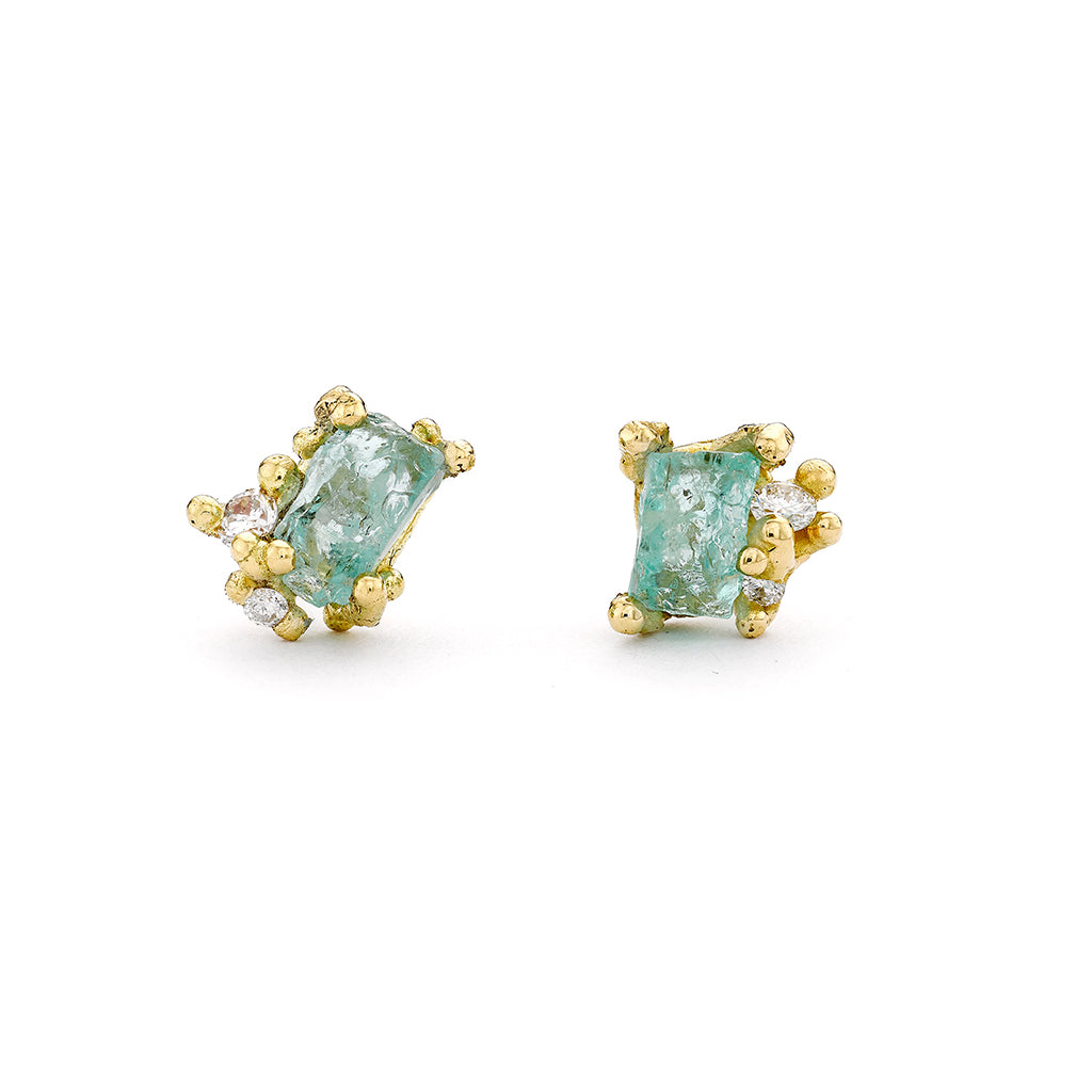 Raw Emerald and Diamond Encrusted Studs by Ruth Tomlinson, handmade in London