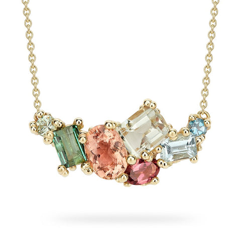 Encrusted Tourmaline and Aquamarine Bar Necklace from Ruth Tomlinson, handmade in London