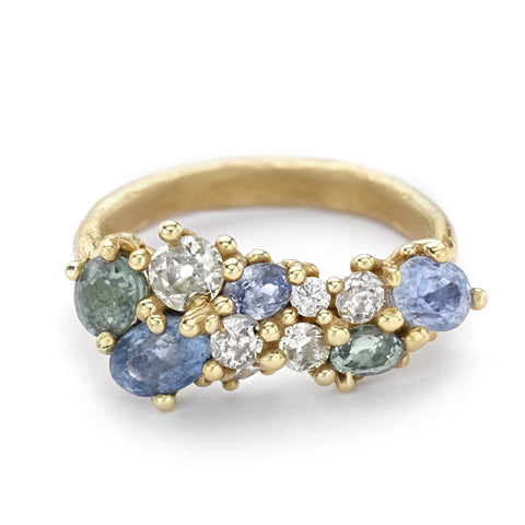 Asymmetric Sapphire and Diamond  Encrusted Ring by Ruth Tomlinson, handcrafted in London