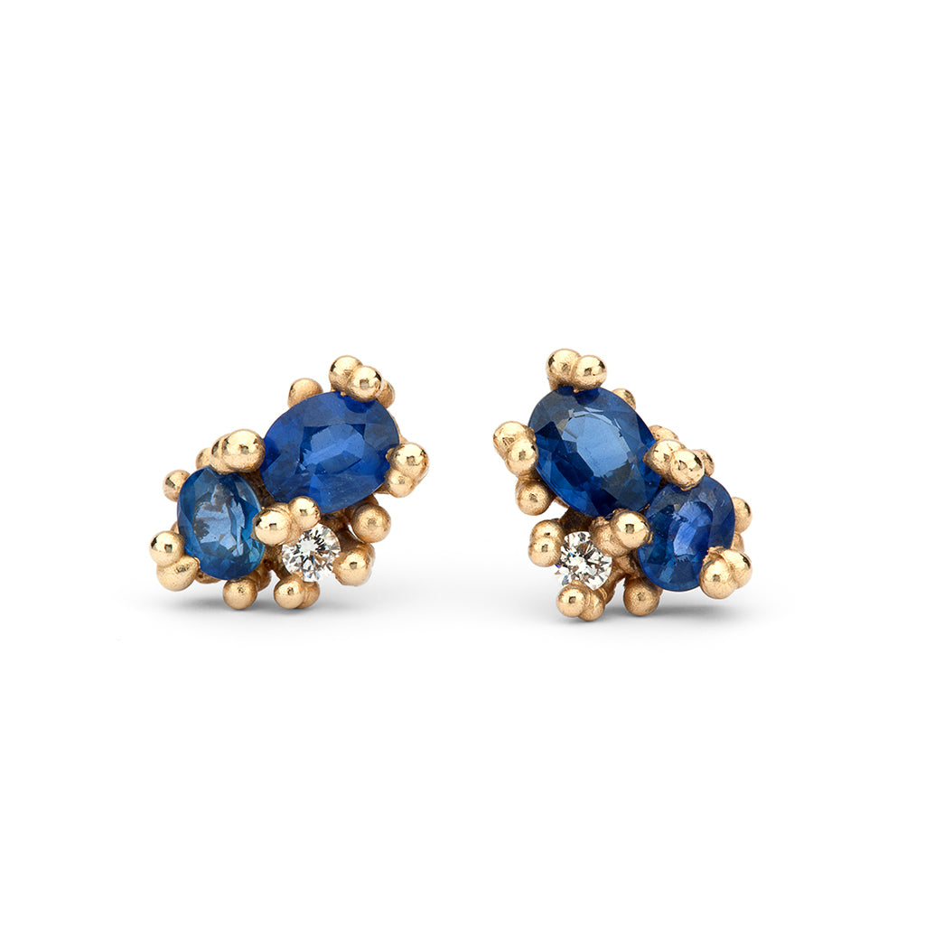Sapphire and diamond stud earrings by Ruth Tomlinson, handmade in London