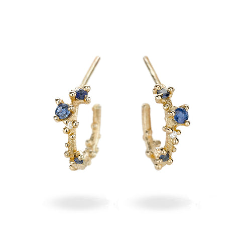 Yellow gold and sapphire hoop earrings from Ruth Tomlinson, handmade in London