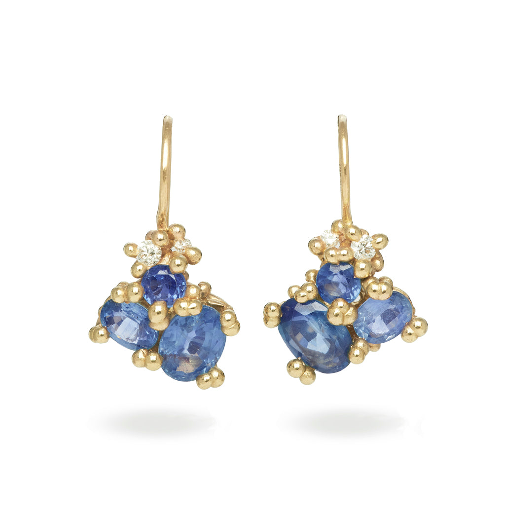 Sapphire and diamond cluster drop earrings from Ruth Tomlinson, handmade in London