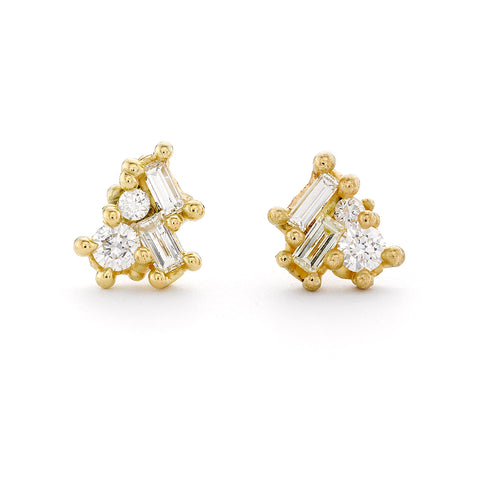 Mixed cut white and yellow diamond stud earrings from Ruth Tomlinson, handmade in London